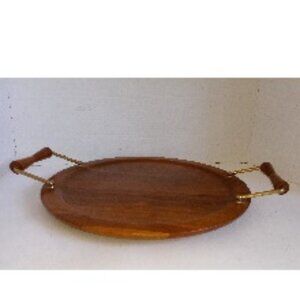 Classic MCM Solid Walnut Serving Platter Cocktail Tray Brass Fittings, Footed